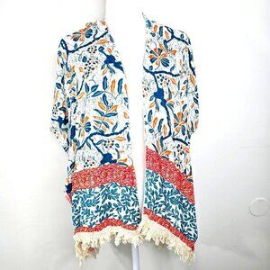 Womens Floral Forest Teal Batik Fringe One Size Kimono Beach Swim Cover Up Tunic